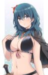 1girl alluring bikini blue_eyes breasts byleth_(female) byleth_(fire_emblem) byleth_(fire_emblem)_(female) cleavage female_only fire_emblem fire_emblem:_three_houses flower_in_hair komurice nintendo swimsuit teal_hair