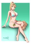 1girl ailf alluring bare_legs big_breasts blonde_hair cleavage core_crystal crossed_legs mythra nintendo pin_up sonicheroxd xenoblade_(series) xenoblade_chronicles_2 yellow_eyes