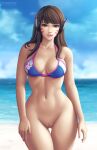  1girl alluring asian_female bare_legs beach bikini blue_bikini blue_swimsuit bottomless bottomless_female breasts brown_eyes brown_hair cloud curvy d.va d.va_(overwatch) daytime eye_contact female_abs female_only fingernails flowerxl headphones hip_focus lips long_hair looking_at_another medium_breasts nail_polish naked_from_the_waist_down no_panties no_underwear ocean overwatch pale-skinned_female pale_skin parted_lips pink_nails pussy smile swimsuit thigh_gap toned video_game_character voluptuous watermark web_address wide_hips 