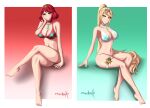 2girls ailf alluring big_breasts bikini blonde_hair cleavage core_crystal crossed_legs leg_ring long_hair milf mythra nintendo pin_up pyra red_eyes red_hair short_hair sonicheroxd xenoblade_(series) xenoblade_chronicles_2 yellow_eyes