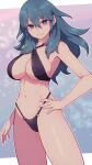 1girl alluring alternate_costume big_breasts bikini black_bikini black_bow black_swimsuit blue_eyes bow breasts byleth_(female)_(fire_emblem) byleth_(fire_emblem) byleth_(fire_emblem)_(female) closed_mouth female_only fire_emblem fire_emblem:_three_houses hair_between_eyes half-closed_eyes hand_on_hip hand_on_own_hip high_res hip_grab lamb-oic029 light-skinned_female light_skin long_hair looking_at_viewer navel nintendo o-ring o-ring_bikini o-ring_bottom smile standing stomach swimsuit teal_hair thighs