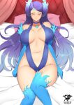 1girl alluring bed big_breasts bikini blue_hair breasts brighid_(xenoblade) closed_eyes core_crystal curvy fire flaming_hair kaos_art nintendo pillow sideboob sling_bikini swimsuit thick_thighs thighs xenoblade_(series) xenoblade_chronicles_2