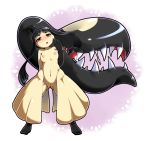 1girl 4_fingers 5_toes anthro barefoot blush breasts censored extra_mouth eyelashes feet female furry happy long_hair mawile navel nintendo nipples no_humans nude open_mouth plain_background pokemon pokemon_(game) pokã©mon pussy raised_arm red_eyes saliva shadow sharp_teeth shimanto_youta shiny simple_background smile solo squint standing teeth toes tongue video_games white_background