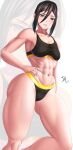 1girl alluring arcedo athletic_female blush brown_eyes brown_hair covered_nipples female_abs fit_female hand_on_hip looking_at_viewer medium_breasts morag_ladair_(xenoblade) nintendo smile sports_bra sportswear thunder_thighs xenoblade_(series) xenoblade_chronicles_2