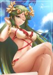 1girl alluring beach big_breasts bikini blue_sky cleavage crossed_legs goddess green_eyes green_hair kid_icarus nintendo ocean palutena