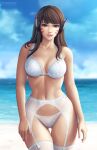  1girl alluring asian_female big_breasts blizzard_entertainment bra breasts brown_eyes brown_hair cleavage clouds d.va d.va_(overwatch) daytime feet female_only fingernails flowerxl garter_belt headphones lingerie long_hair looking_at_viewer ocean overwatch pale-skinned_female pale_skin panties pink_fingernails pink_lips thigh_gap thong thong_under_garter_belt underwear video_game_character watermark white_lingerie white_panties white_thong 