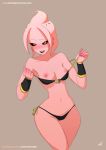  1girl alien areola bare_shoulders bikini bikini_bottom bikini_top black_sclera blush bra_pull breasts collarbone crossed_legs dragon_ball dragon_ball_xenoverse earrings fan_character female_majin female_only freckles half-closed_eyes looking_at_viewer majin majin_lamp monster_girl navel nipples open_mouth pink_eyes pink_hair pink_skin seductive seductive_smile side-tie_bikini side-tie_panties sillygirl sinnercomics smile stripping thigh_gap thighs wide_hips wrist_cuffs 