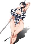  1girl batsunai_katori black_hair bleach gigantic_ass gigantic_breasts glasses hourglass_figure naruho shounen_jump single_braid spear swimsuit 