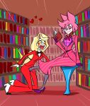  1boy 1futa alastor_(hazbin_hotel) charlie_morningstar_(hazbin_hotel) futanari hazbin_hotel kicked_in_the_balls kicking kicking_crotch library male reading 