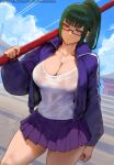  1girl ai_generated artist_name big_breasts big_thighs blunt_bangs brown_eyes brown_hair cleavage clothed clothing color east_asian_architecture erotic_nansensu eyewear from_below glasses green_hair holding_spear holding_weapon jacket jujutsu_kaisen looking_at_viewer miniskirt open_jacket outside patreon_username pleated_skirt polearm ponytail skirt spear sweat tank_top thick_thighs track_jacket under-rim_eyewear weapon weapon_over_shoulder white_shirt zenin_maki 