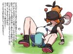  1girl baseball_cap beastiality boots brown_hair habatakuhituji hat oshawott pokemon pokemon_(game) pokemon_bw ponytail shorts sleeveless tepig touko_(pokemon) translation_request 