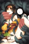 1girl bad_id bellsprout black_hair breast_sucking breasts censored erika_(pokemon) gym_leader hairband highres japanese_clothes kimono nabenko pokemon pussy socks tangrowth tears tentacle tentacles vaginal yellow_eyes