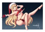  1girl alluring bare_legs big_breasts bikini blonde_hair christmas christmas_bikini gloves mythra nintendo pin_up santa_hat sonicheroxd xenoblade_(series) xenoblade_chronicles_2 yellow_eyes 