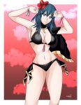 1girl alluring alternate_costume black_bikini black_swimsuit blue_eyes byleth_(fire_emblem) byleth_(fire_emblem)_(female) byleth_(summer)_(fire_emblem)_(female) cleavage fire_emblem fire_emblem:_three_houses fire_emblem_heroes light-skinned_female light_skin medium_breasts nintendo official_alternate_costume pin_up sonicheroxd teal_hair