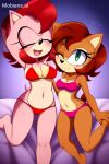 2_girls ai_generated amy_rose bad_anatomy bedroom belly bikini blush cleavage closed_eyes closed_mouth cute fuchsia_bikini fused_arms green_eyes happy jumping medium_breasts medium_thighs mobians.ai mobius_unleashed navel open_eyes open_mouth red_bikini red_hair sally_acorn sexy sitting smile tail wink