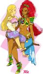  2_girls alternate_costume arabian_clothes arm_support bare_shoulders blonde_hair blue_skirt blush bracelet breastplate breasts breath_of_the_wild closed_eyes couple dark-skinned_female dark_skin duo earrings elf full_body green_eyes half-closed_eyes harem_outfit heart height_difference hoop_earrings hugging interracial long_hair long_skirt looking_at_another love medium_breasts mutual_yuri neck neck_ring necklace nintendo one_eye_closed pointy_ears princess_zelda r3dfive red_hair shoes sitting sitting_on_person skirt small_breasts the_legend_of_zelda tiara urbosa wink yuri zelda_(breath_of_the_wild) 