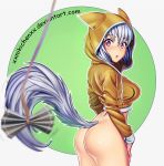 1girl 1girl 1girl :o ass blue_hair blurry bottomless breasts depth_of_field facial_mark focused foreshortening high_resolution hood hoodie medium_breasts nikita_varb original parted_lips red_eyes round_teeth short_hair tail teeth thighs trembling