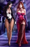 2_girls 2girls black_hair black_leotard breasts clothed dc dc_comics dress fishnet_legwear fishnets flowerxl gloves holding_hands jessica_rabbit leotard long_hair red_dress red_hair redhead stockings thighs who_framed_roger_rabbit