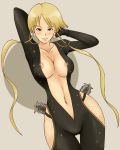 1girl areola areolae armpits arms_behind arms_behind_back bare_hips blonde_hair blush bodysuit breasts brown_eyes cameltoe capcom center_opening cleavage devil_kings dutch_angle fishnets hair hips kasuga lipstick long_hair momo_765 navel ninja nipple_slip nipples open_clothes pussy rirakukan sengoku_basara shuriken solo spandex thigh_gap thighs very_long_hair weapon wide_hips