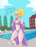 1girl big_breasts bikini bikini_bottom bikini_top blonde_hair breasts darkeros disrobing female female_only gravity_falls outdoor outside pacifica_northwest pool poolside robe solo swimming_pool swimsuit text