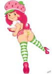 1girl anal ass breast dildo dildo_in_ass green_eyes looking_at_viewer nipple pink_hair pink_lipstick pussy strawberry_shortcake strawberry_shortcake_(character) white_background