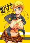  1girl asaki_takayuki banana between_breasts blonde_hair blue_eyes breast_hold breast_squeeze breasts food fruit hyakko kageyama_torako large_breasts miniskirt navel necktie nipples open_clothes open_shirt parted_lips plaid plaid_skirt puffy_nipples school_uniform shirt short_hair skirt solo torako_kageyama 