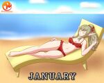  1girl 1girl alluring barefoot beach beach_chair big_breasts bikini breasts cleavage female_only fire_emblem fire_emblem_awakening frilled_bikini green_hair manakete navel ocean ponytail red_bikini red_swimsuit reit sand sleeping swimsuit tiki_(adult)_(fire_emblem) tiki_(fire_emblem) watermark 