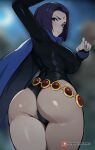 1girl ai_generated ass belt big_breasts breasts cloak dc_comics goth grey_skin highleg_leotard huge_breasts kisou_(kisou00) leotard purple_eyes purple_hair raven_(dc) short_hair teen_titans thick_thighs thong_leotard