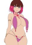  1girl 2020s 2023 alternate_universe bete_noire betty_noire big_breasts breasts brown_hair clothing female female_only frown glitchtale harem_outfit looking_at_viewer pink_hair pink_highlights pink_nipples pixiv purple_eyes revealing_clothes robert_rodrigez_(artist) skimpy slave_bikini sole_female solo solo_female thong undertale_au undertale_fanfiction white_background 