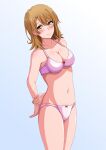 1girl 1girl alluring bow bow_bra bow_panties bra breasts brown_hair cleavage closed_mouth collarbone commentary_request gradient_background high_res isshiki_iroha konoyan medium_breasts medium_hair navel panties pink_bra pink_panties standing underwear underwear_only white_background yahari_ore_no_seishun_lovecome_wa_machigatteiru. yellow_eyes