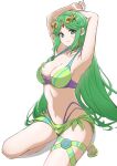  1girl alluring aotsuba belt_choker big_breasts bikini breasts choker circlet goddess green_bikini green_eyes green_hair green_sandals green_sarong green_swimsuit kid_icarus kid_icarus_uprising kneel long_hair looking_at_viewer nintendo palutena sandals sarong swimsuit thigh_strap 