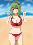  18days9 1girl alluring alternate_costume ass_visible_through_thighs bare_thighs beach big_breasts bikini blush breasts cleavage closed_eyes days double_v female_only fire_emblem fire_emblem_awakening fire_emblem_heroes green_hair nintendo ocean official_alternate_costume outside pointy_ears ponytail red_bikini red_swimsuit sand smile swimsuit thighs tiki_(adult)_(fire_emblem) tiki_(adult)_(summer)_(fire_emblem) tiki_(fire_emblem) v 