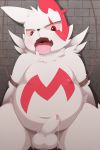  bound chubby half looking_at_viewer male nekokagebevil nintendo penis pokemon pokã©mon precum red_eyes red_markings solo video_games white_fur zangoose 