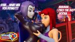 2girls 3d 3d_(artwork) arms_behind_head belt big_breasts breast_grab cloak dc_comics erect_nipples hourglass_figure huge_breasts hypnosis leotard purple_hair raven_(dc) red_hair starfire sucking_nipples supercasket teen teen_titans topwear young_adult yuri