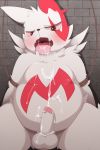  bound chubby cum cum_on_self erection hands-free looking_at_viewer male nekokagebevil nintendo orgasm penis pokemon pokã©mon red_eyes red_markings solo video_games white_fur zangoose 