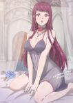 1girl 1girl 1girl absurd_res absurd_res alluring bare_legs bare_shoulders bed bed_sheet bedroom big_breasts black_nightgown blue_flower blue_panties blue_rose blush breasts choker cleavage female_only fire_emblem fire_emblem_engage flower high_res high_res ivy_(fire_emblem) jewelry kneel lingerie long_hair looking_at_viewer mole mole_under_mouth necklace negligee nightgown nintendo on_bed open_mouth panties petals purple_eyes purple_hair ring rose rose_petals see-through sheets tak0baka thighs underwear watermark wedding_ring white_flower white_rose