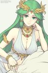 1girl alluring big_breasts cleavage gofelem green_eyes green_hair kid_icarus light-skinned_female light_skin long_hair nintendo on_bed palutena