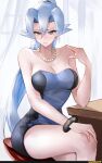  1girl alluring big_breasts blue_eyes clair_(pokemon) crossed_legs cyan_hair nervous nintendo pokemon pokemon_(master_quest) pokemon_(the_johto_journeys) pokemon_gsc pokemon_hgss tommietomm 