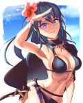  1girl aldafera alluring alternate_costume big_breasts bikini black_bikini black_swimsuit blue_eyes breasts byleth_(female) byleth_(fire_emblem) byleth_(fire_emblem)_(female) byleth_(summer)_(fire_emblem)_(female) capelet female_only fire_emblem fire_emblem:_three_houses fire_emblem_heroes flower hair_flower knife long_hair looking_at_viewer nintendo official_alternate_costume smile swimsuit teal_hair 