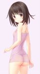 1girl ass back bakemonogatari bare_shoulders black_hair blush brown_eyes camisole highres looking_at_viewer looking_back monogatari_(series) n.g. no_bra no_panties pink_background pokemon see-through sengoku_nadeko simple_background small_breasts solo transparent white_background