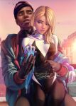 blonde_hair blue_eyes bodysuit brown_eyes dark-skinned_male from_behind gwen_stacy interracial jacket light-skinned_female marvel miles_morales older older_female older_male spider-gwen spider-man:_across_the_spider-verse superheroine young_adult