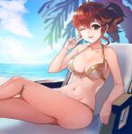 1girl 1girl 1girl ;d alluring alternate_costume anna_(fire_emblem) bare_arms bare_shoulders beach bikini blue_sky breasts brown_bikini chair cleavage cloud collarbone commentary_request day female_only finger_to_cheek fire_emblem fire_emblem_heroes high_res horizon knee_up kokouno_oyazi long_hair looking_at_viewer lounge_chair medium_breasts navel nintendo ocean one_eye_closed open_mouth outside palm_tree ponytail red_eyes red_hair simple_background sky smile stomach sunglasses swimsuit thighs tree water