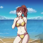  1girl 4thanysc alluring anna_(fire_emblem) beach big_breasts bikini brown_hair cleavage fire_emblem nintendo ocean red_hair sokloeum 