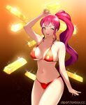 1girl alluring anna_(fire_emblem) bikini bikini_bottom bikini_top breasts dip_art female_only fire_emblem fire_emblem:_three_houses gold gold_bar light-skinned_female light_skin nintendo ponytail purple_eyes red_bikini red_hair sideboob solo_female winking