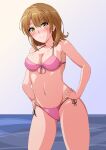 1girl 1girl alluring bikini blonde_hair breasts brown_eyes brown_hair cleavage commentary_request cowboy_shot front-tie_top halterneck hands_on_own_hips high_res horizon isshiki_iroha konoyan looking_at_viewer medium_breasts medium_hair ocean pink_bikini side-tie_bikini_bottom string_bikini swimsuit yahari_ore_no_seishun_lovecome_wa_machigatteiru.