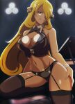 1girl alluring big_breasts black_panties blonde_hair bowtie cleavage collar cynthia cynthia_(pokemon) garter_straps long_hair nintendo panties piano pokémon pokemon pokemon_champion pokemon_dppt shirona_(pokemon) stockings thick_thighs vest vivivoovoo