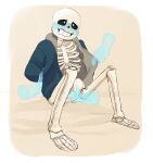  2016 animated_skeleton arms_behind_back blue_blush blue_hoodie blue_jacket blush bottom_sans bottomless cheztnuts disembodied_hand disembodied_hands drooling groping hands_behind_back hooded_jacket hoodie hoodie_only monster sans sans_(undertale) simple_background sitting skeleton uke_sans undead undertale undertale_(series) 