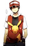  ... 1boy baseball_cap black_hair eating fingerless_gloves gloves hand_in_pocket hat heart jacket kl male male_focus pikachu pokemon pokemon_(game) red_(pokemon) red_(pokemon)_(classic) red_eyes short_hair simple_background solo trainer white_background 