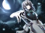  1girl between_fingers braid duplicate empty_eyes female izayoi_sakuya knife maid moon night night_sky pokemon sky solo throwing_knife touhou twin_braids wallpaper weapon 