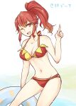 1girl 1girl 1girl alluring anna_(fire_emblem) arms bare_arms bare_legs bare_midriff bare_shoulders bikini breasts fire_emblem fire_emblem_awakening midriff ponytail red_eyes red_hair smile swimsuit thighs water wink